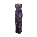 Detail van nauwsluitende strapless jurk met abstracte oranje en paarse nevelprint - S / Zwart