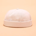 Beige cotton miki hat with white letter embroidery and a retro brimless docker cap design - Wave Embroidery Beige
