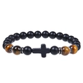Bracciale di perle con occhio di tigre da 8 mm, perline nere opache e ciondolo a croce - Carta di Benedizione (Bless) / Bracciale in Pietra Occhio di Tigre + Pietra Opaca