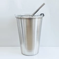 Macro detail of clear plastic lid and reusable metal straw on a stainless steel tumbler - 500ml / Stainless Steel Silver