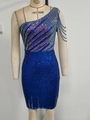 Blue sequin one-shoulder party dress with beaded strap and bodycon fit for women - XS / Blue