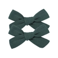 Set of two dark green linen bow hair clips with textured fabric on white background - Bow Hair Clips Set / Dark Green