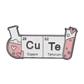 Cute enamel science pin with Cu Te periodic elements and pink heart flasks design - CuTe Periodic Table Word