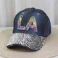 Detailed view of rainbow rhinestones LA logo on denim baseball cap with crystal brim - No.13/Dark Blue Denim/LA Letters