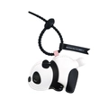 Cartoon panda PU leather keychain with black spiral lanyard and decorative ribbon charm - Panda