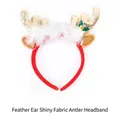 Golden reindeer antler headband with white feather ears and small jingle bells - TK50G Feather Ears Shiny Fabric Antlers Gold
