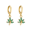 Detail of gold-plated hemp leaf earrings featuring green micro-set cubic zirconia stones - 42202-Leaf Style