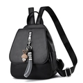 Minimalist black PU leather mini backpack for women with bunny and letter ribbon charms - Black