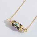 Detail of WILL pendant with evil eye motif and purple accents on a fine gold chain - Black