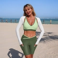 Three-piece bikini set with green contrast top, high-waist shorts, and white sun-shield shrug - S / Green Patchwork 3-Piece Set