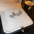 Elegant silver bow stud earrings with sparkling crystals and round pearls on jewelry box - 105# Silver Bowknot Artificial Pearl