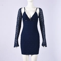 Close-up of dark blue lace texture on mini dress with long sleeve shrug overlay - S / Navy Blue