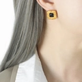 Punk style square gold stud earrings with black gemstone inlay for women - Gold Black Glass Earrings
