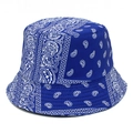 Blue reversible cotton bucket hat featuring classic white bandana paisley prints for sun protection - One Size / Blue