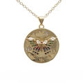 Gold round pendant necklace with a colorful zircon butterfly and starry crystals - Round Coin Butterfly-Color Crystal