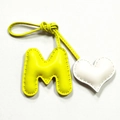 Handmade leather letter M bag charm with white heart pendant and yellow strap - Cream Heart and Light Yellow M