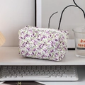 Quilted floral cosmetic bag in small size with purple and green flowers and zipper - Purple Floral