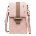 Detail of pink faux leather phone bag featuring embossed patterns and gold-tone buckle - Pink