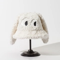 Close-up of white plush bucket hat with long dog ears and cute cartoon eye embroidery - M (56-58cm) / White