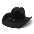 Chapeau de cowboy tibétain en feutre noir avec pierre turquoise et perles décoratives - M (56-58cm) / Noir