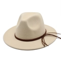 Detail of cream wool fedora hat with dark brown braided leather band and tassel fringe - M (56-58cm) / Beige