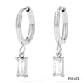 Silver stainless steel huggie hoop earrings with rectangular zircon pendant PDE403 - Silver White Zirconia (PDE403)