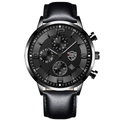 Deyros men's business quartz watch with black leather strap and date display function - Silver Case Black Strap [Leather Band + Calendar/Luminous]