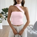 Chic pink one-shoulder corset top with halter strap and asymmetric hemline for women - S / Pink