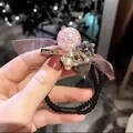 Pink bead and lavender bow hair tie with pearl accents on black elastic band - Grey Bead Lace Scrunchie