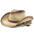 Brauner Western-Cowboy-Strohhut mit Strass-Gürtel, Nieten und verstellbarer Kordel - M(56-58cm) / Beige Kaffee Farbverlauf