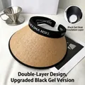 Straw open top sun hat in beige with black trim and UPF50+ black glue thermal coating - Letter Embroidery Headband Style / Khaki
