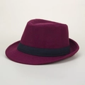 Detail of burgundy wool fedora hat featuring a smooth felt texture and black ribbon band - M(56-58cm) / Burgundy