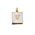 Golden square pendant with white shell inlay featuring a relief letter V design - Gold V