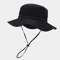 Detail view of black sun hat featuring wide brim and adjustable windproof chin strap - Kids 54cm / Black