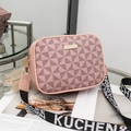 Pink crossbody camera bag with geometric pattern and wide woven shoulder strap - Pink