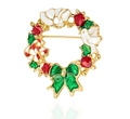 Christmas wreath brooch featuring red and green enamel on a golden metal base - Christmas Wreath