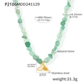 Detailed view of natural stone necklace with stainless steel whale tail pendant and dimensions - Whale Tail Pendant Green Strawberry Quartz Necklace