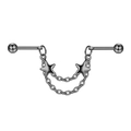 Industrial barbell earring featuring double chains and star pendants in silver finish - Black Pentagram Style (1.6x8x5mm)