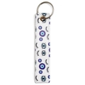 Detailansicht des Evil Eye Kunstleder-Schlüsselanhängers mit blauen Mustern und Ring - Blau Lila Böser Blick Stil (BE1657MI01)