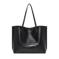 Elegant black crocodile-pattern tote bag with slim shoulder straps on white background - Single Bag / Black