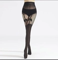Black fishnet tights featuring high waist panel, sheer leg finish and decorative bows - Mesh Suspender Bowknot Style / Black