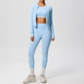 Three-piece light blue yoga set with zipper jacket, slim crop top and high waist leggings - Sky Blue