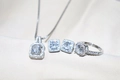 Detailed set of silver zircon necklace, earrings and ring with square cushion-cut stones - 3-Piece Square Zirconia Jewelry Set