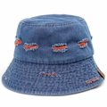 Bob en jean bleu délavé avec déchirures, doublure orange et écusson en cuir - M(56-58cm) / Orange