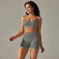 Close-up of grey-green seamless knitted sports bra and high-waisted shorts set - S / Top And Bottom / Cami Bra + Shorts / Dark Gray