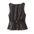 Top smanicato in ecopelle marrone scuro con cintura nera sottile e orlo a balze - XS / Tops