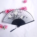 Ancient style gray folding fan with bamboo and butterfly ink painting and black tassel - Grey and White Ink Wash Bamboo, Orchid, and Butterfly Style (Women's Fan-21)