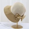 Elegant French vintage sun hat with mesh bow and woven straw crown on gold stand - M(56-58cm) / Camel Yellow