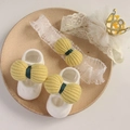 Baby gift set with white lace headband and yellow bow knit socks on a wooden tray - Yellow 3D Crown Headband + Openwork Socks
