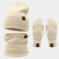 Detailansicht des Stricksets mit Schneeflocken-Lederpatch und Touchscreen-Handschuhen - Beige